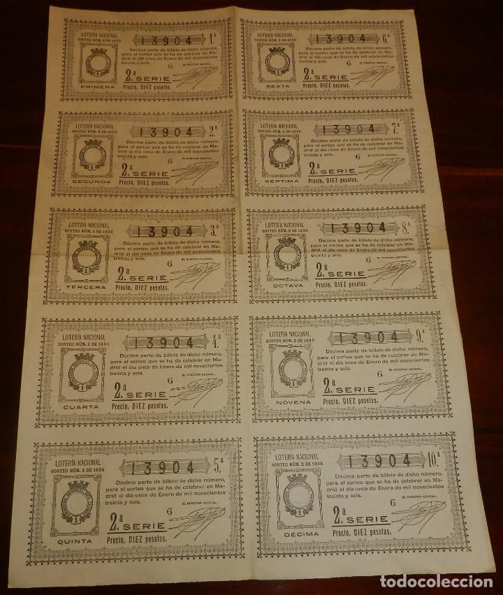 Loterie Nationale: Billete completo ( 10 d&eacute;cimos ), Loteria Nacional. Sorteo n&ordm; 2 DE 1936, Segunda Serie, buen estado d