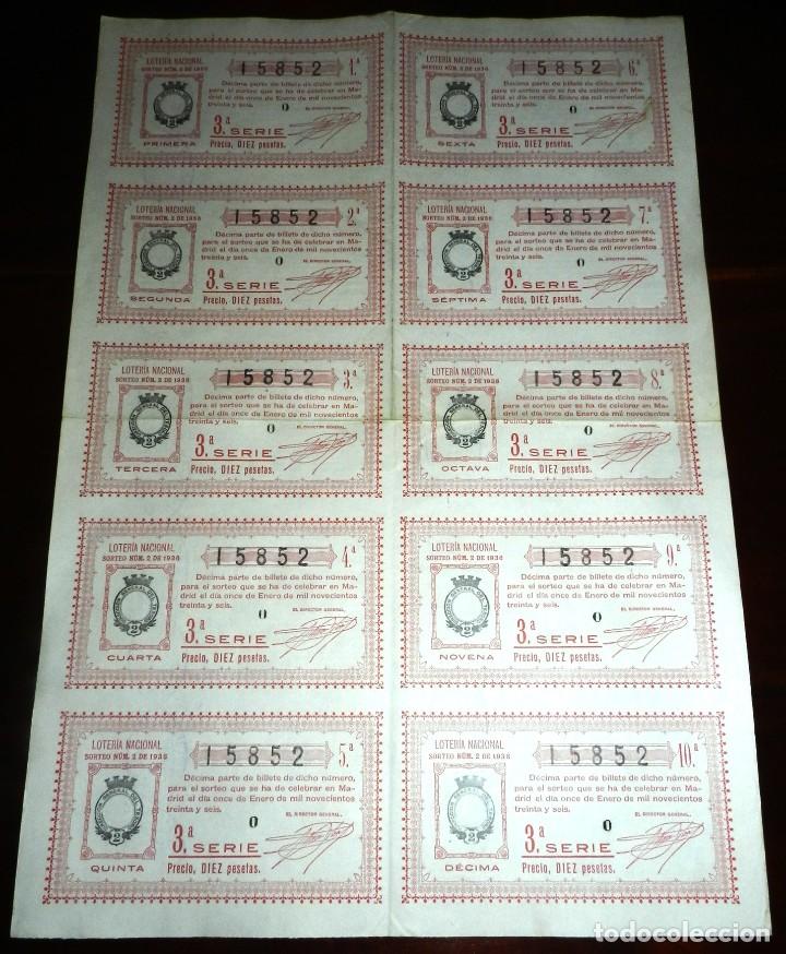 Loterie Nationale: Billete completo ( 10 d&eacute;cimos ), Loteria Nacional. Sorteo n&ordm; 2 DE 1936, Tercera Serie, buen estado d