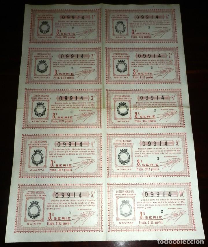 Loterie Nationale: Billete completo ( 10 d&eacute;cimos ), Loteria Nacional. Sorteo n&ordm; 2 DE 1936, Tercera Serie, buen estado d