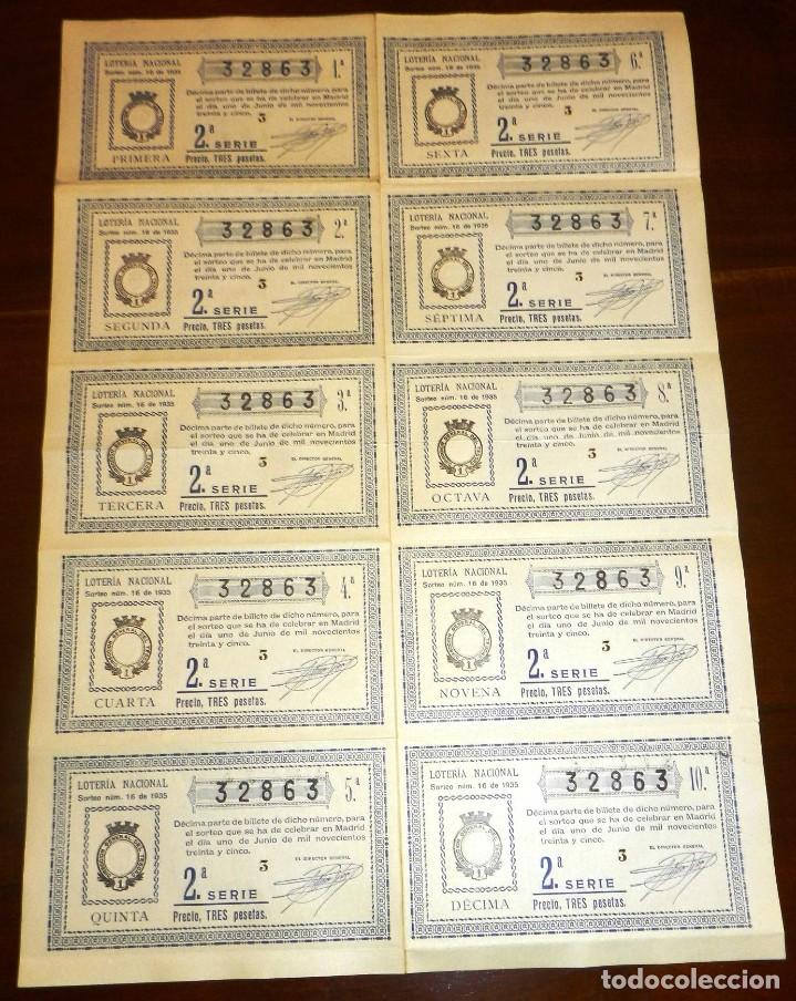 Loterie Nationale: Billete completo ( 10 d&eacute;cimos ), Loteria Nacional. Sorteo n&ordm; 16 DE 1935, Segunda Serie, buen estado