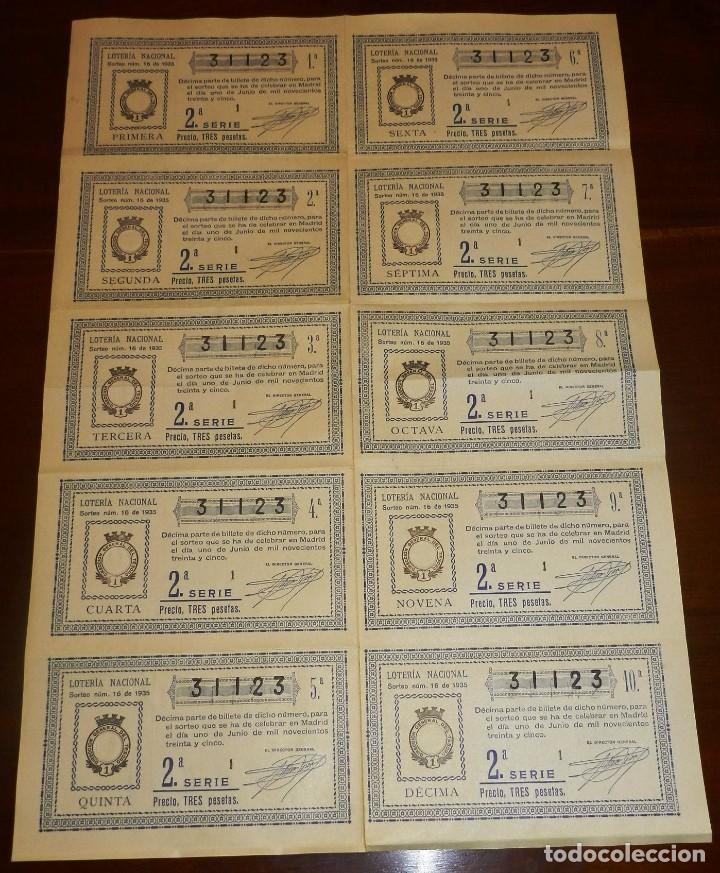 Loterie Nationale: Billete completo ( 10 d&eacute;cimos ), Loteria Nacional. Sorteo n&ordm; 16 DE 1935, Segunda Serie, buen estado