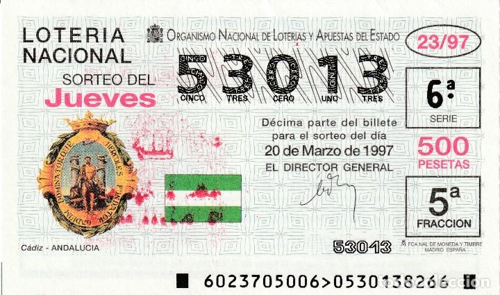 Loter&iacute;a nacional: 1 DECIMO LOTERIA DEL JUEVES - 20 MARZO 1997 - 23/97 - ESCUDOS CIUDADES - CADIZ ( ANDALUCIA )