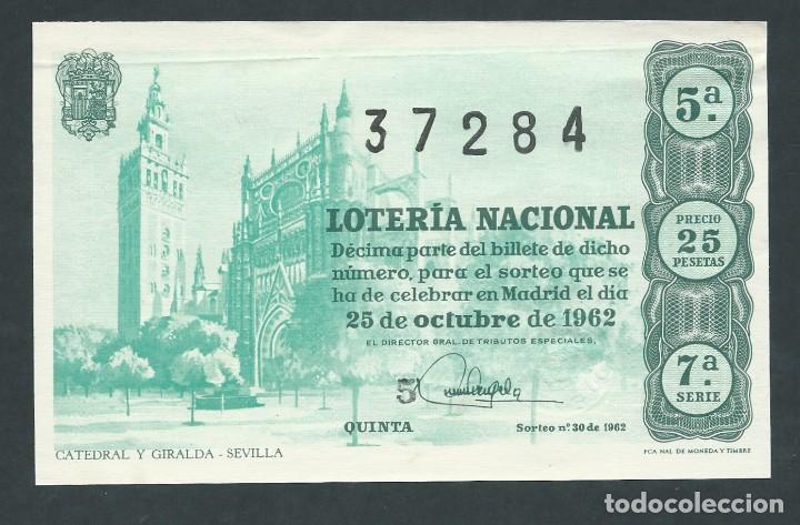 National Spanish Lottery: decimo loteria nacional 25 de octubre a&ntilde;o 1962 sorteo 30 catedral y giralda sevilla
