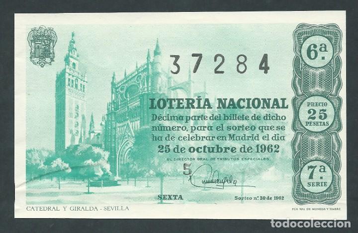 National Spanish Lottery: decimo loteria nacional 25 de octubre a&ntilde;o 1962 sorteo 30 catedral y giralda sevilla