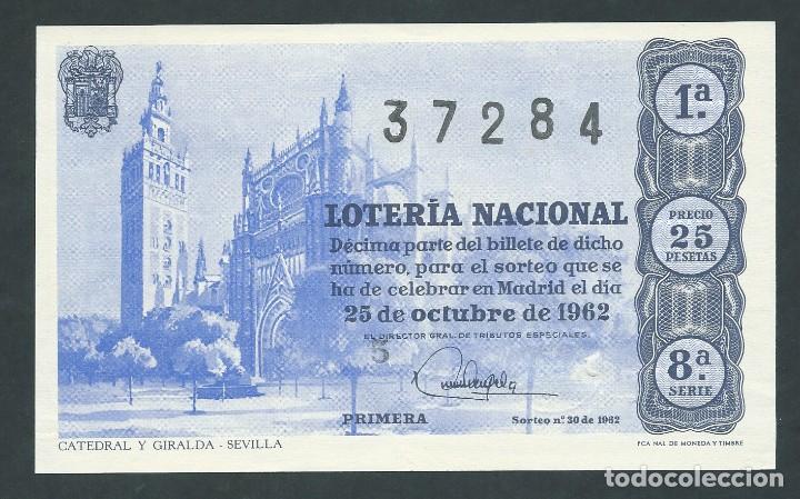 National Spanish Lottery: decimo loteria nacional 25 de octubre a&ntilde;o 1962 sorteo 30 catedral y giralda sevilla