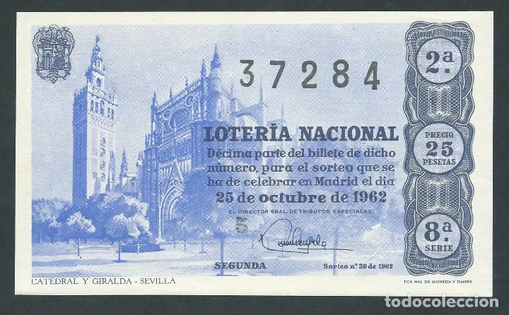 National Spanish Lottery: decimo loteria nacional 25 de octubre a&ntilde;o 1962 sorteo 30 catedral y giralda sevilla