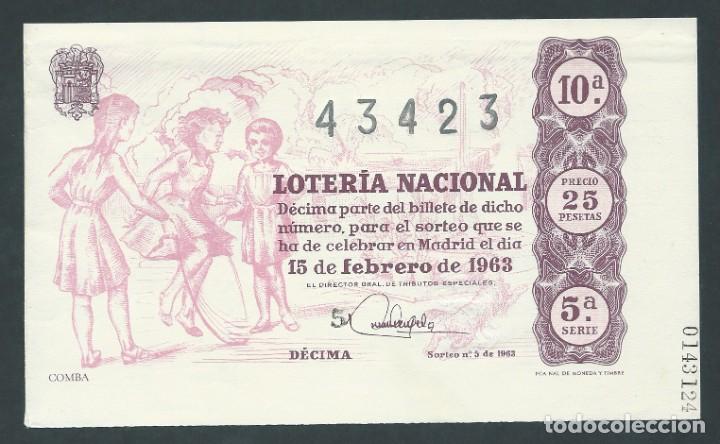 National Spanish Lottery: decimo loteria nacional 15 enero a&ntilde;o 1963 sorteo n 5 ( con numero de papel de imprenta!)