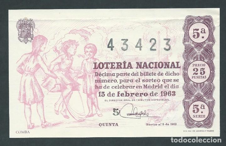 National Spanish Lottery: decimo loteria nacional 15 de febrero a&ntilde;o 1963 sorteo 5 comba