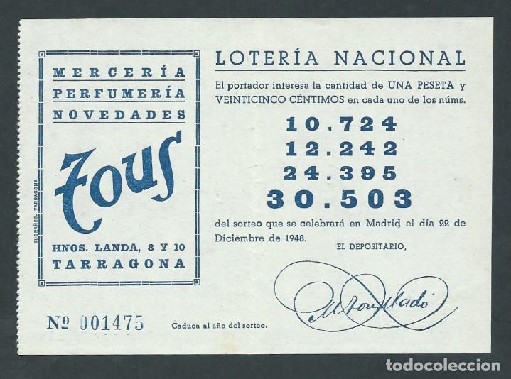 National Spanish Lottery: PARTICIPACION LOTERIA NACIONAL 22 DICIEMBRE DE 1948 MERCERIA PERFUMERIA TOUS