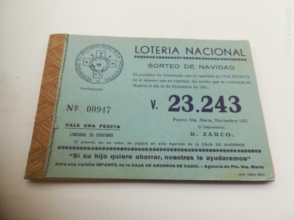 Loterie Nationale: TALONARIO. LOTERIA NAVIDAD. HERMANDAD DEL SANTISIMO CRISTO DE LA MISERICORDIA. 1951. VER NUMEROS
