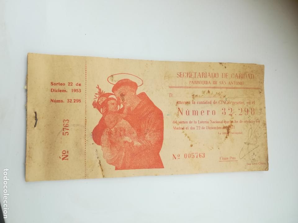 Loterie Nationale: TALONARIO. PARTICIPACI&Oacute;N LOTER&Iacute;A NACIONAL. PARROQUIA DE SAN ANTONIO MADRID. 1953.