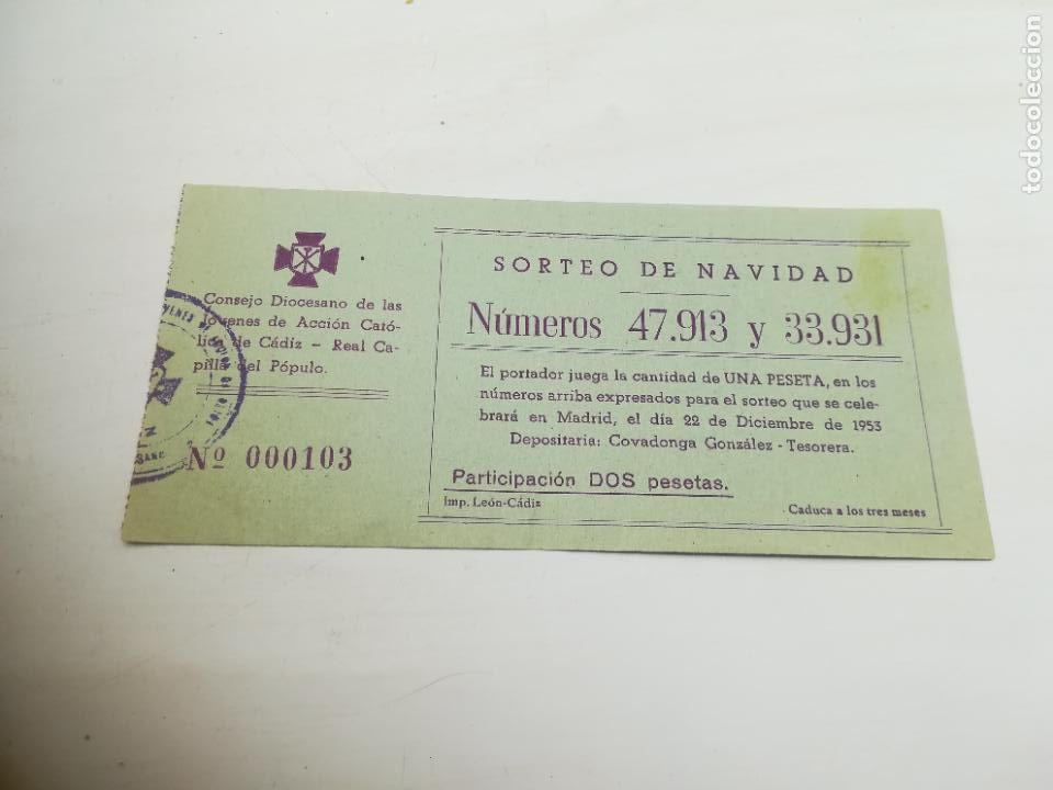 Loterie Nationale: PARTICIPACI&Oacute;N LOTER&Iacute;A DE NAVIDAD. JOVENES ACCION CATOLICA DE CADIZ. 1953. VER