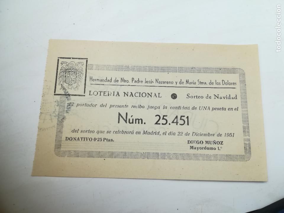 Loterie Nationale: PARTICIPACI&Oacute;N LOTER&Iacute;A NAVIDAD. JEREZ. PADRE JESUS NAZARENO Y MAR&Iacute;A STMA DOLORES. 1951