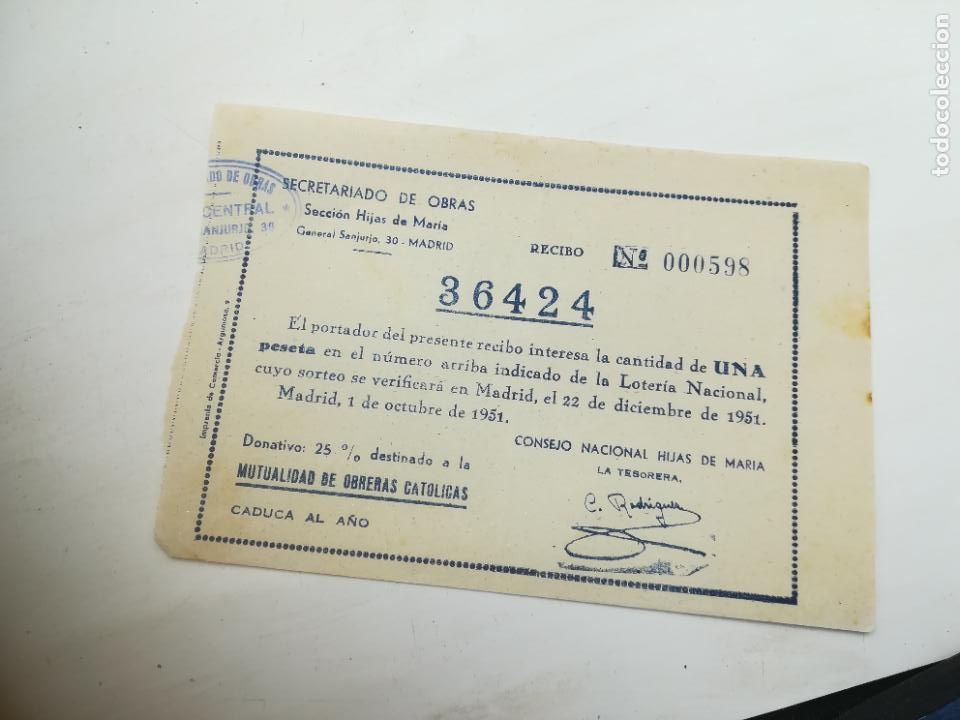 Loterie Nationale: PARTICIPACI&Oacute;N LOTER&Iacute;A NAVIDAD. SECRETARIA DE OBRAS. SECCI&Oacute;N HIJAS DE MAR&Iacute;A. MADRID. 1951