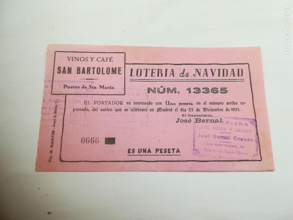 Loterie Nationale: PARTICIPACI&Oacute;N LOTER&Iacute;A NAVIDAD. 1951. VINOS Y CAF&Eacute; BARTOLOM&Eacute;. PUERTO DE SANTA MAR&Iacute;A