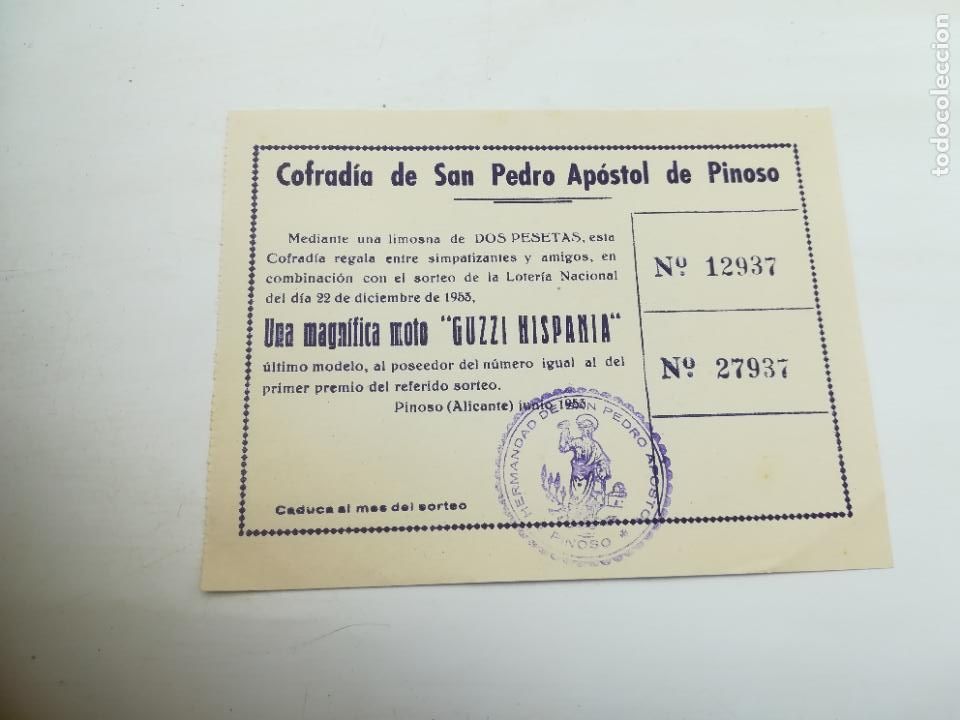 Loterie Nationale: PARTICIPACI&Oacute;N LOTER&Iacute;A NAVIDAD. 1953. COFRAD&Iacute;A DE SAN PEDRO AP&Oacute;STOL DE PINOSO, ALICANTE.
