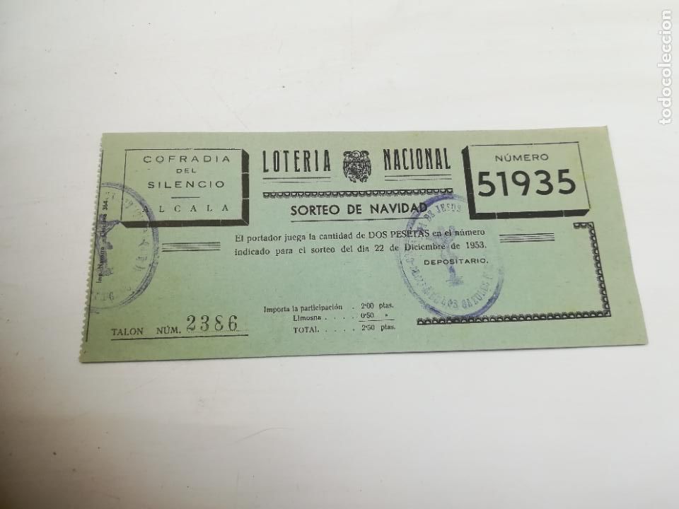 Loterie Nationale: PARTICIPACI&Oacute;N LOTER&Iacute;A NAVIDAD. 1953. COFRAD&Iacute;A DEL SILENCIO. ALCALA DE LOS GAZULES. CADIZ.
