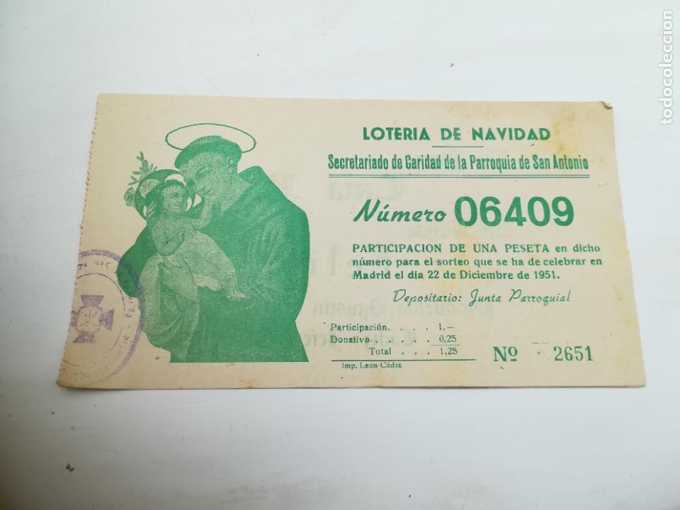 Loterie Nationale: PARTICIPACI&Oacute;N LOTER&Iacute;A DE NAVIDAD. SECRETARIADO DE CARIDAD DE PARROQUIA SAN ANTONIO. 1951