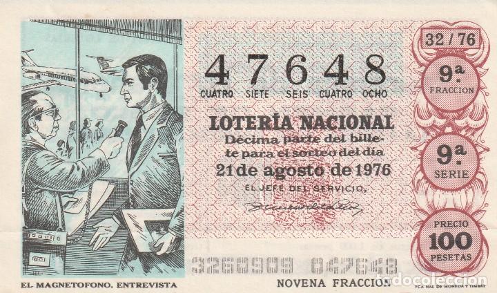 Loter&iacute;a nacional: 1 DECIMO LOTERIA SABADO 21 AGOSTO 1976 32/76 INVENTOS - EL MAGNETOFONO ( ENTREVISTA - COLOR BURDEOS