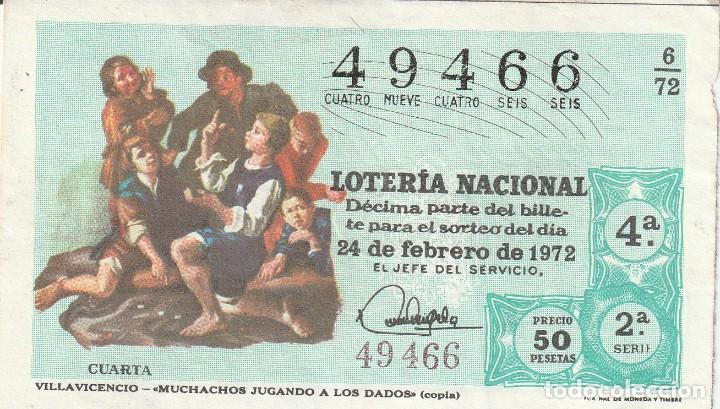 Loter&iacute;a nacional: 1 DECIMO LOTERIA SABADO 24 FEBRERO 1972 6/72 PINTURAS MUCHACHOS JUGANDO DADOS (VILLAVICENCIO - VERDE