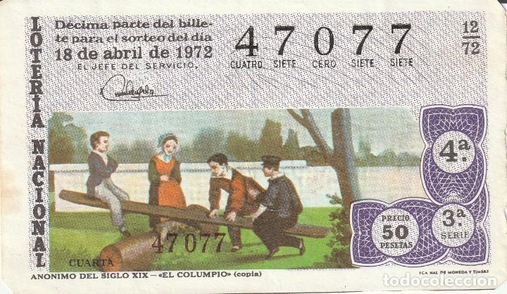 Loter&iacute;a nacional: 1 DECIMO LOTERIA SABADO 18 ABRIL 1972 - 12/72 ANONIMO SIGLO XIX EL COLUMPIO ( COLOR MORADO