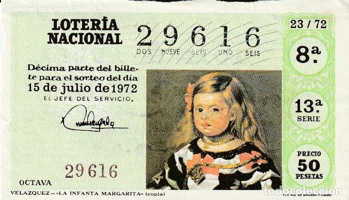 Loter&iacute;a nacional: 1 DECIMO LOTERIA SABADO - 15 JULIO 1972 - 23/72 - PINTURAS - VELAZQUEZ ( LA INFANTA MARGARITA -VERDE