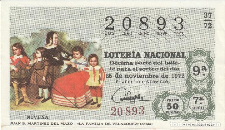 Loter&iacute;a nacional: 1 DECIMO LOTERIA SABADO 25 NOVIEMBRE 1972 37/72 JUAN B. MARTINEZ DEL MAZO ( LA FAMILIA DE VELAZQUEZ