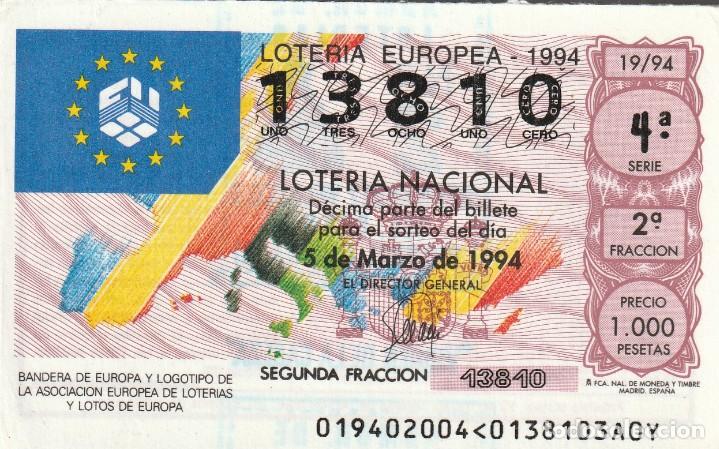 Lotaria Nacional: 1 DECIMO LOTERIA DEL SABADO - 5 MARZO 1994 - 19/94 - LOTERIA EUROPEA