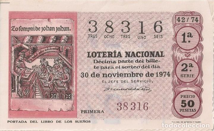National Spanish Lottery: LOTER&Iacute;A NACIONAL 38316 30 NOVIEMBRE 1974 SORTEO 42/74