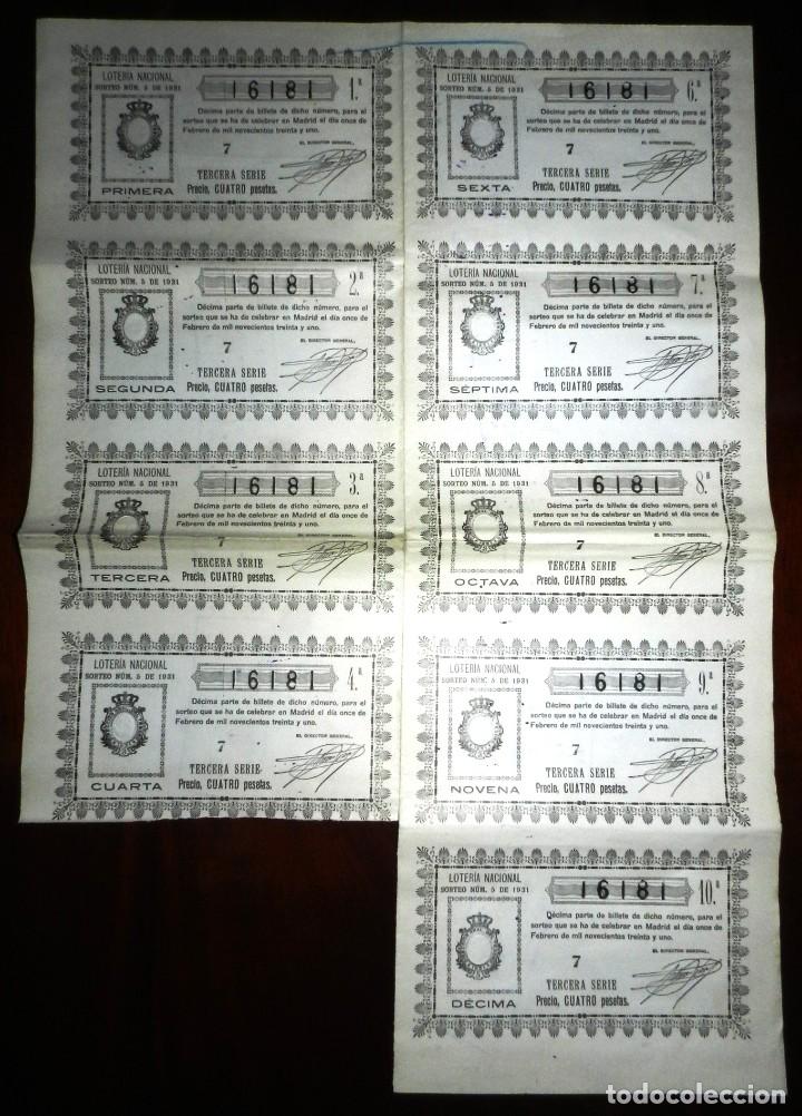 Loterie Nationale: Billete con 9 d&eacute;cimos, Loteria Nacional. Sorteo n&ordm; 5 de 1931, Tercera serie, Buen estado.