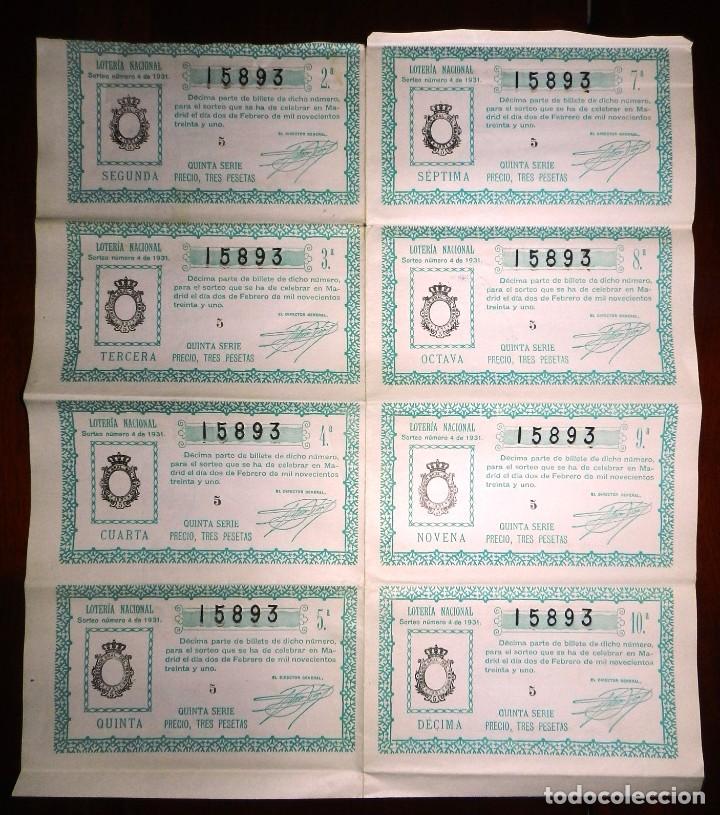 Loterie Nationale: BILLETE CON 8 D&Eacute;CIMOS, LOTERIA NACIONAL. SORTEO N&ordm; 4 DE 1931, QUINTA SERIE, BUEN ESTADO