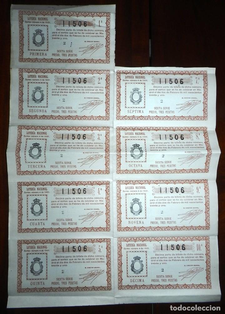 Loterie Nationale: BILLETE CON 9 D&Eacute;CIMOS, LOTERIA NACIONAL. SORTEO N&ordm; 4 DE 1931, SEXTA SERIE, BUEN ESTADO