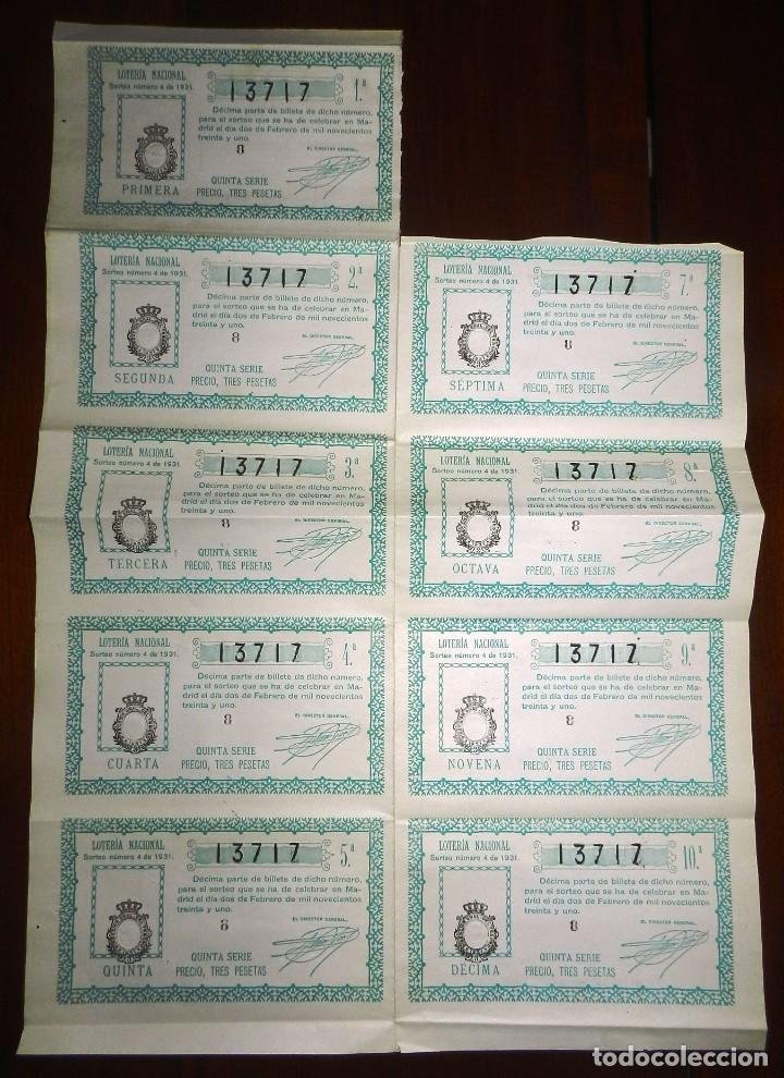 Loterie Nationale: BILLETE CON 9 D&Eacute;CIMOS, LOTERIA NACIONAL. SORTEO N&ordm; 4 DE 1931, QUINTA SERIE, BUEN ESTADO