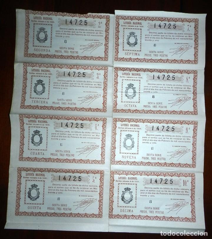 Loterie Nationale: BILLETE CON 8 D&Eacute;CIMOS, LOTERIA NACIONAL. SORTEO N&ordm; 4 DE 1931, SEXTA SERIE, BUEN ESTADO