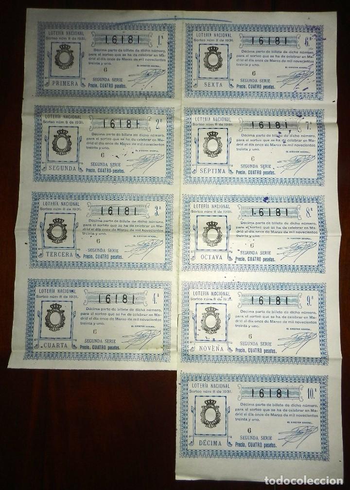 Loterie Nationale: BILLETE CON 9 D&Eacute;CIMOS, LOTERIA NACIONAL. SORTEO N&ordm; 8 DE 1931, SEXTA SERIE, BUEN ESTADO
