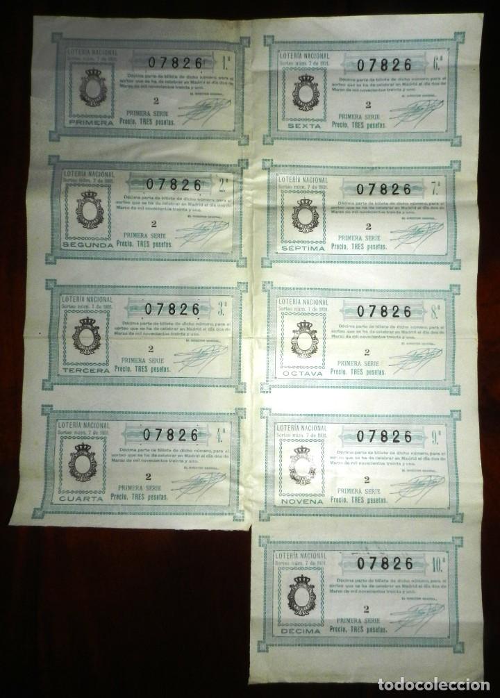 Loterie Nationale: BILLETE CON 9 D&Eacute;CIMOS, LOTERIA NACIONAL. SORTEO N&ordm; 7 DE 1931, PRIMERA SERIE, BUEN ESTADO