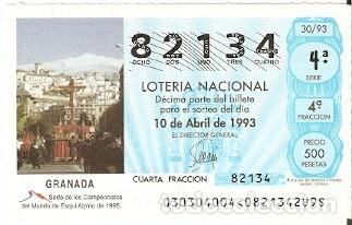 Loter&iacute;a nacional: D&eacute;cimo Loter&iacute;a Sorteo n&ordm; 30 de 1993. Granada. Campeonatos de Esqu&iacute;. 9-9330