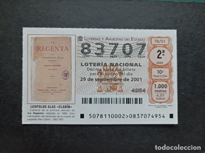 Loter&iacute;a nacional: L. Nacional Sorteo 78/01. La Regenta (1884). Leopoldo Alas Clar&iacute;n. 29 Septiembre 2001. N&ordm; 83707.