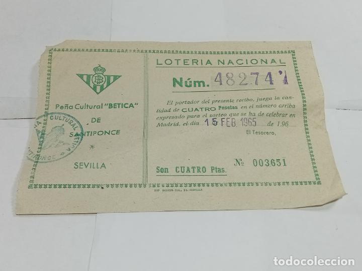 Nationale spanische Lotterie: PARTICIPACI&Oacute;N LOTER&Iacute;A NACIONAL. 1965. PE&Ntilde;A CULTURAL B&Eacute;TICA DE SANTIPONCE, SEVILLA.