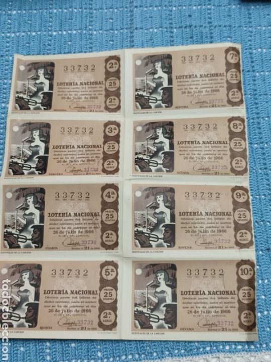 National Spanish Lottery: Pliego de 8 d&eacute;cimos de Loter&iacute;a Nacional 26 de julio de 1966 Festivales de la Canci&oacute;n