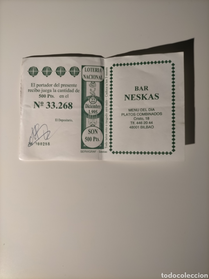 Loter&iacute;a nacional: Boleto Participaci&oacute;n LOTERIA NACIONAL BAR NESKAS 1995