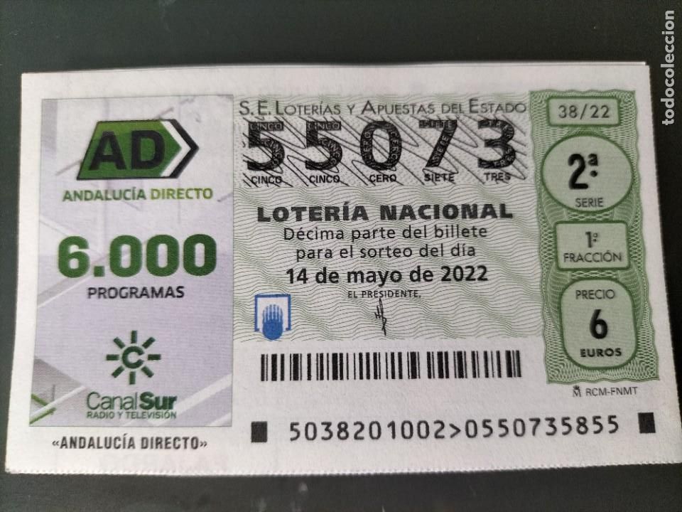 National Spanish Lottery: 1 DECIMO LOTERIA SABADO 14 MAYO 2022 - 38/22 - CANAL SUR ANDALUCIA DIRECTO 600 PROGRAMAS