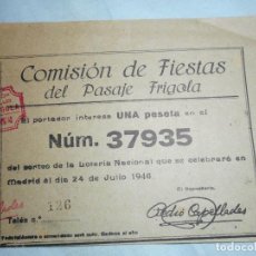 Lotería Nacional: ANTIGUA PARTICIPACION LOTERIA COMISION FIESTAS PASAJE FRIGOLA BARCELONA 1946. PEDRO CAPELLADES. Lote 348841780
