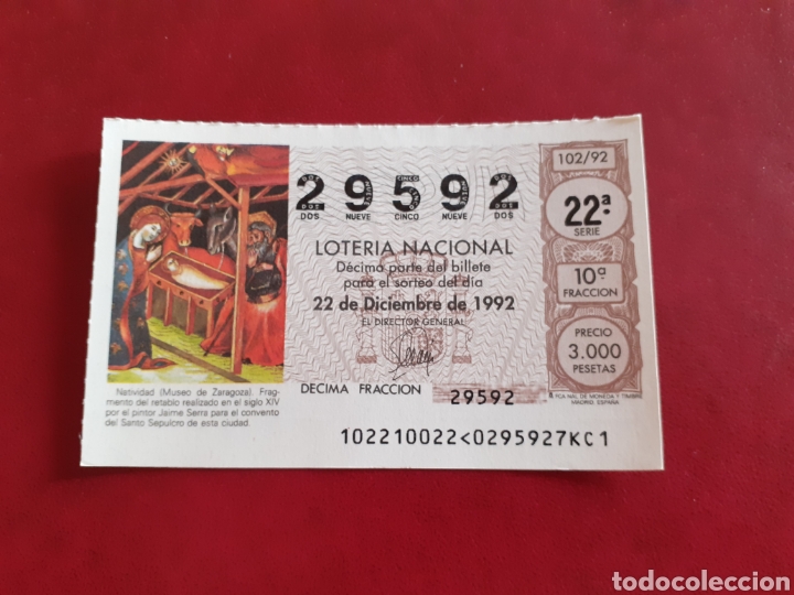 Loterie Nationale: Loter&iacute;a capicua 29592 sorteo 102 de 1992