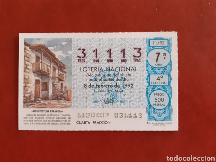 National Spanish Lottery: Loter&iacute;a capicua 31113 sorteo 11 de 1992