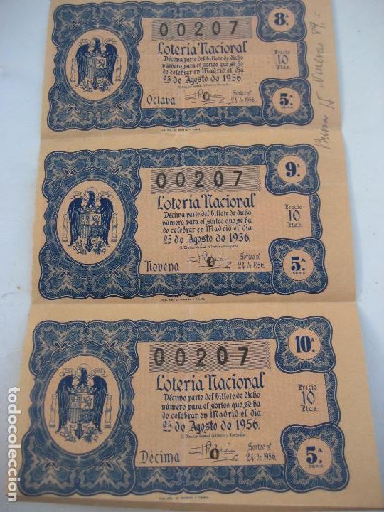 Lotaria Nacional: Loteria Nacional 1956. Sorteo 24 N&ordm; 00207. 3 d&eacute;cimos