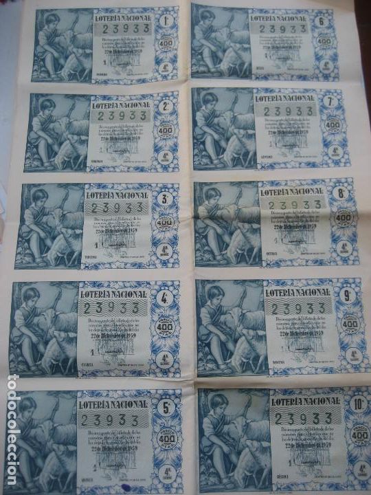 Lotaria Nacional: Loteria Nacional 1959. Sorteo 36 N&ordm; 23933. 10 d&eacute;cimos. Tono azul-verdoso