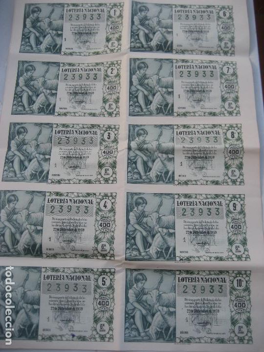 Lotaria Nacional: Loteria Nacional 1959. Sorteo 36 N&ordm; 23933. 10 d&eacute;cimos. Tono verde