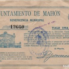 Lotería Nacional: AYUNTAMIENTO DE MAHÓN-PARTICIPACIÓN SORTEO CHALET VILLA ANTONIA - OCTUBRE 1917-Nº 12660 - 170X105MM.. Lote 352628484