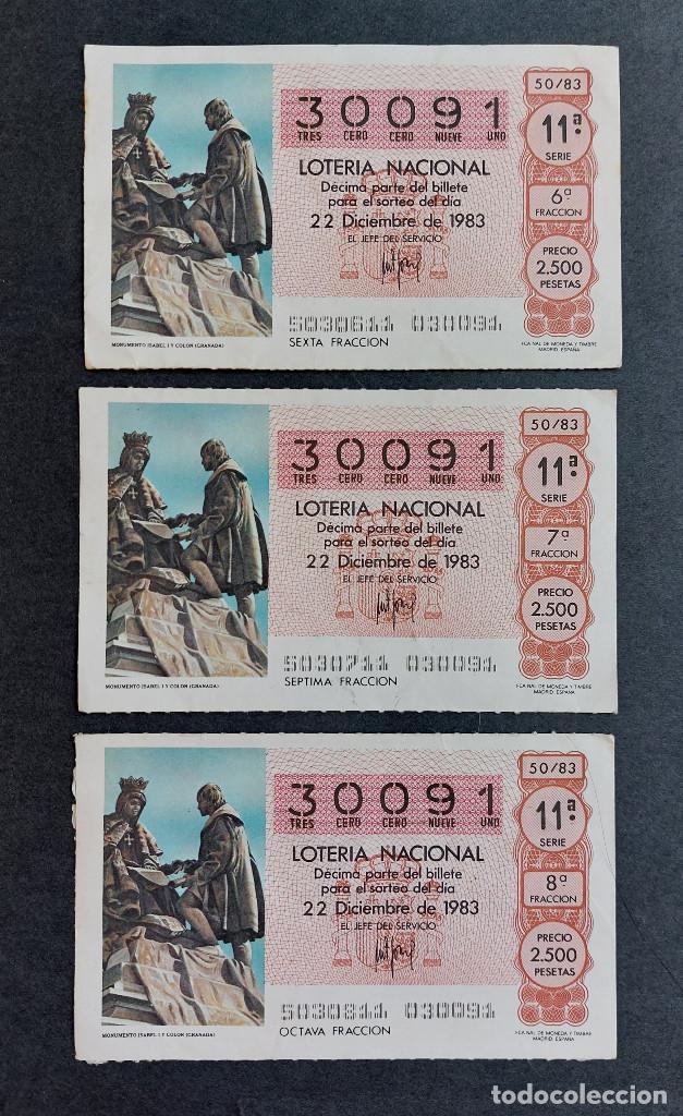 National Spanish Lottery: 3 D&Eacute;CIMOS LOTER&Iacute;A NACIONAL - N&ordm; 30091 - Serie: 11&ordf; - Fracciones 6&ordf;, 7&ordf; y 8&ordf; - Sorteo: 22/12/1983